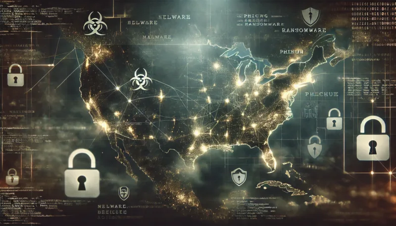 DALL·E 2024-12-16 17.11.12 – A wide-format, subdued, and atmospheric image depicting a country under cybersecurity threats. The scene shows an abstract digital map of a nation, wi